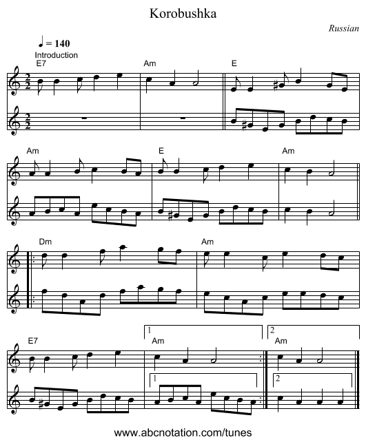 Korobushka - staff notation