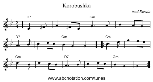 Korobushka - staff notation