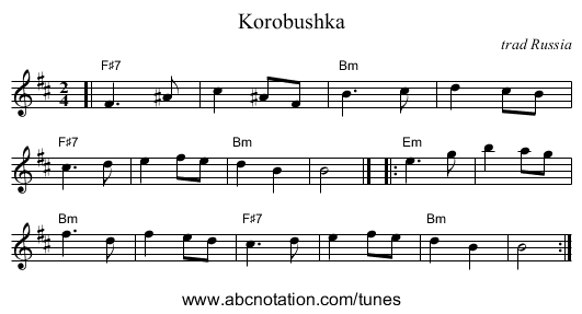 Korobushka - staff notation