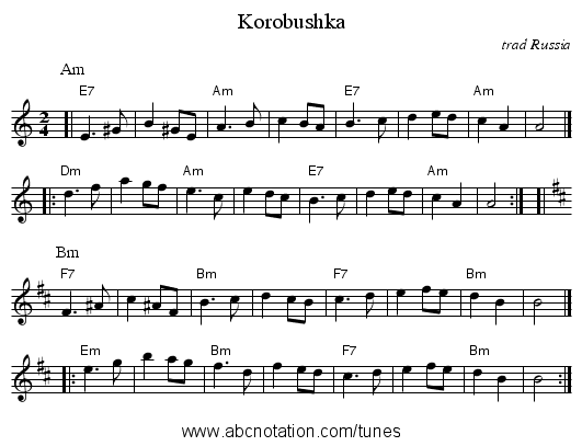 Korobushka - staff notation