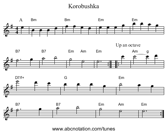 Korobushka - staff notation