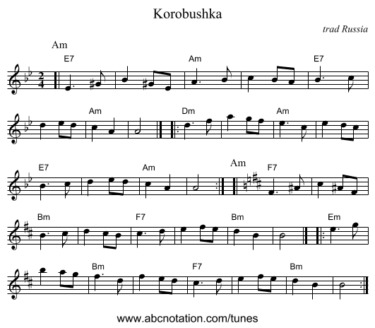 Korobushka - staff notation
