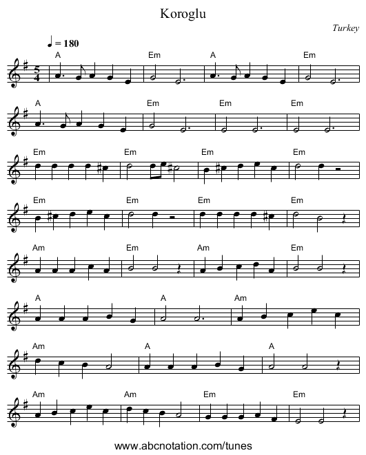 Koroglu - staff notation
