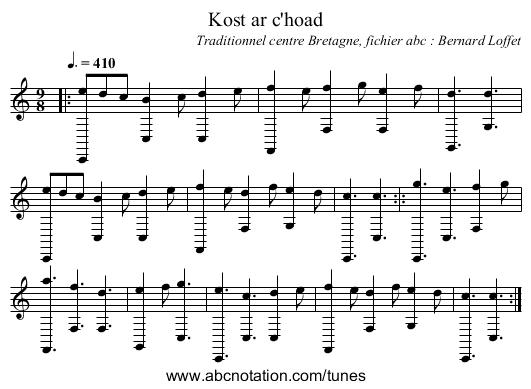 Kost ar c'hoad - staff notation