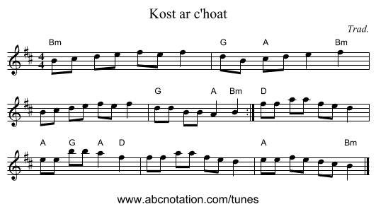 Kost ar c'hoat - staff notation