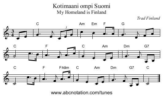 Kotimaani ompi Suomi - staff notation