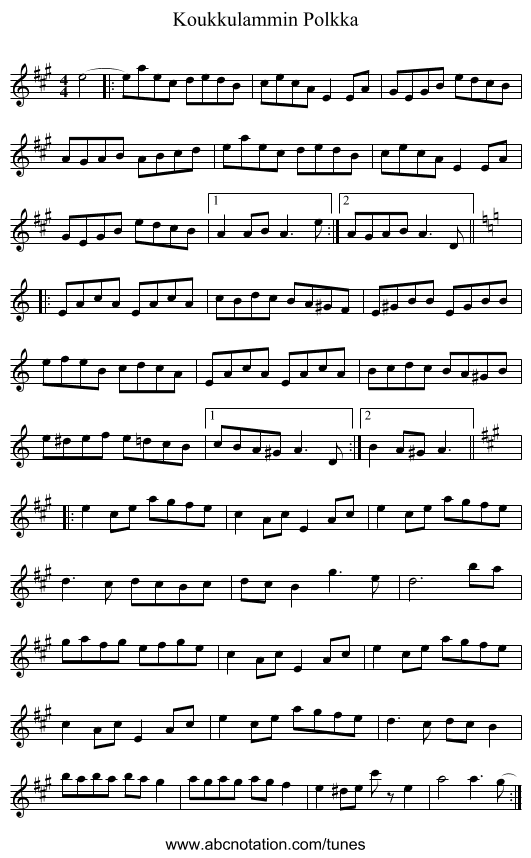 Koukkulammin Polkka - staff notation