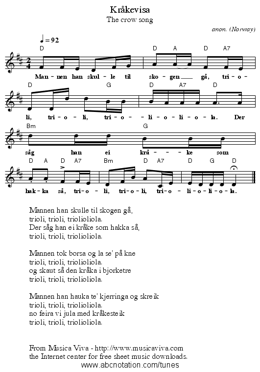 Kr&aring;kevisa - staff notation