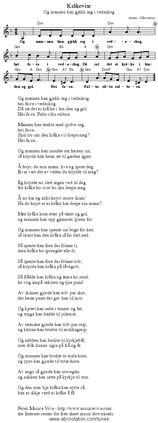 Kr&aring;kevise - staff notation