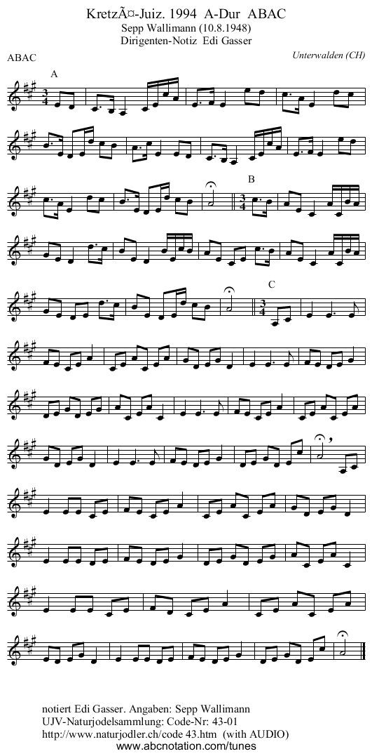 KretzÃ¤-Juiz. 1994  A-Dur  ABAC - staff notation