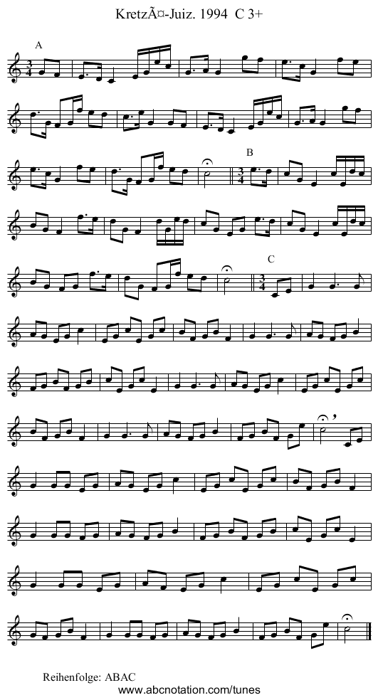 KretzÃ¤-Juiz. 1994  C 3+ - staff notation