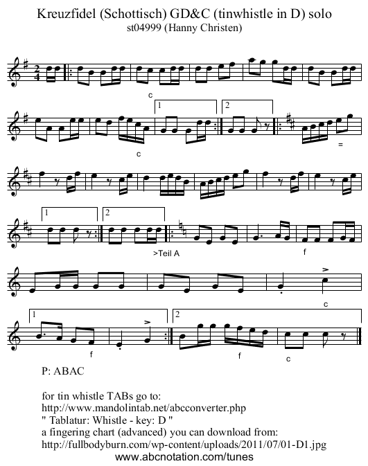 Kreuzfidel (Schottisch) GD&C (tinwhistle in D) solo - staff notation