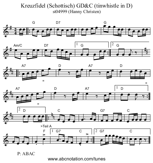 Kreuzfidel (Schottisch) GD&C (tinwhistle in D) - staff notation