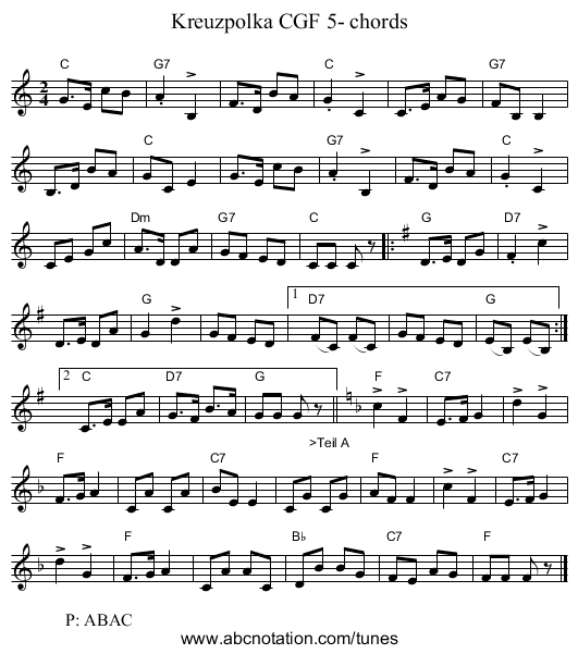 Kreuzpolka CGF 5- chords - staff notation
