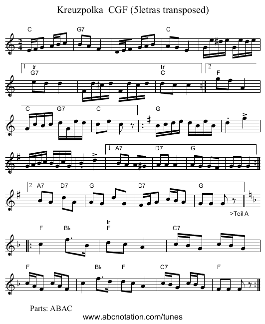 Kreuzpolka  CGF (5letras transposed) - staff notation