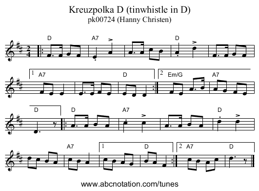 Kreuzpolka D (tinwhistle in D) - staff notation