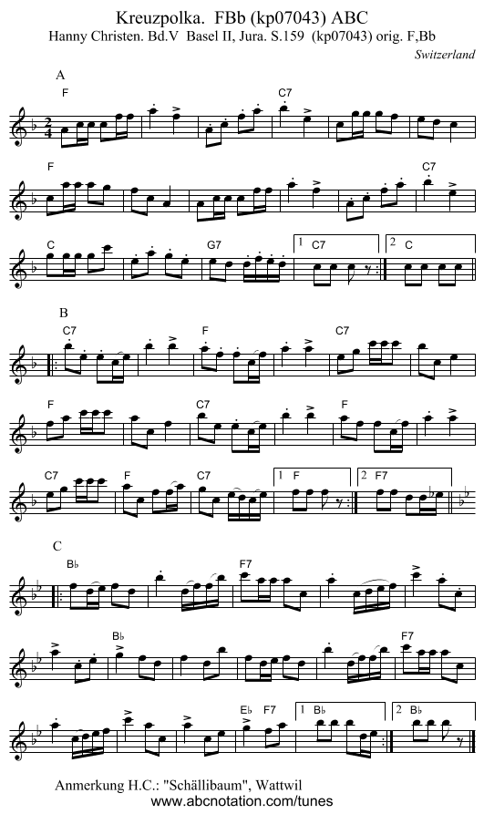 Kreuzpolka.  FBb (kp07043) ABC - staff notation