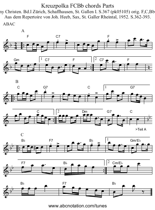 Kreuzpolka FCBb chords Parts - staff notation