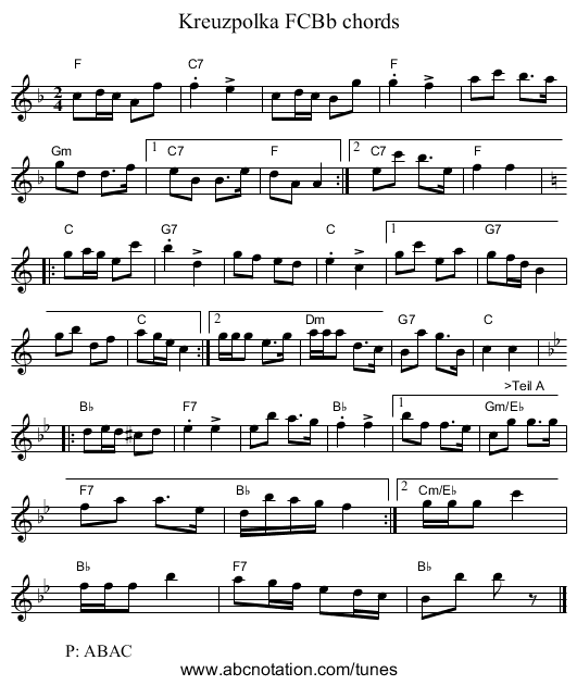 Kreuzpolka FCBb chords - staff notation