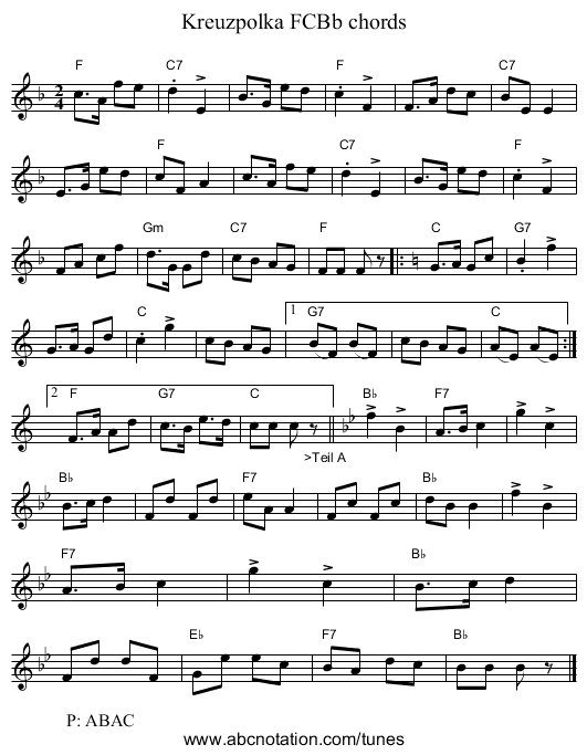 Kreuzpolka FCBb chords - staff notation