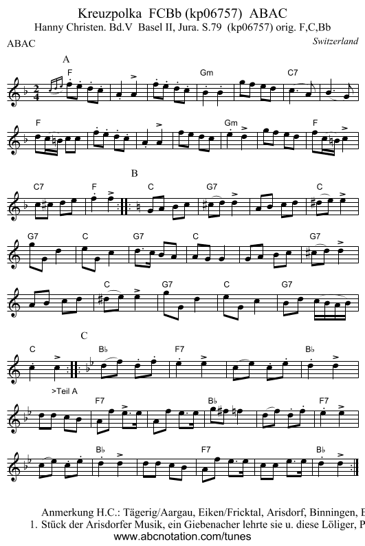 Kreuzpolka  FCBb (kp06757)  ABAC - staff notation