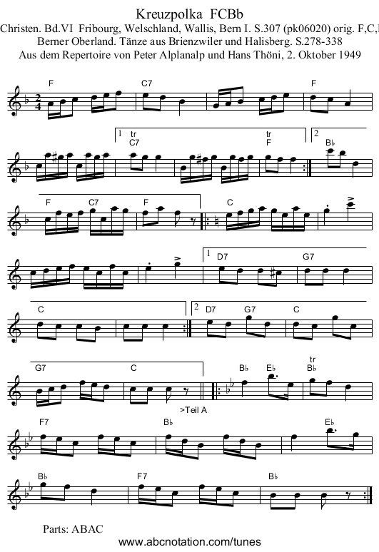 Kreuzpolka  FCBb - staff notation