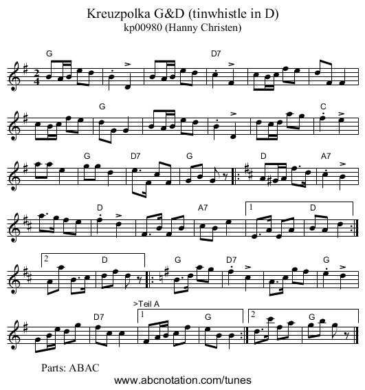 Kreuzpolka G&D (tinwhistle in D) - staff notation