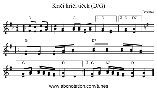 Kriči kriči tiček (D/G) - staff notation