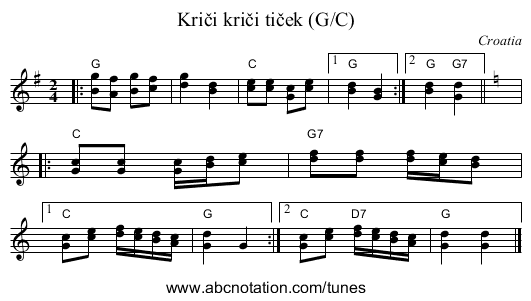 Kriči kriči tiček (G/C) - staff notation
