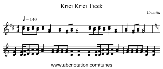 Krici Krici Ticek - staff notation