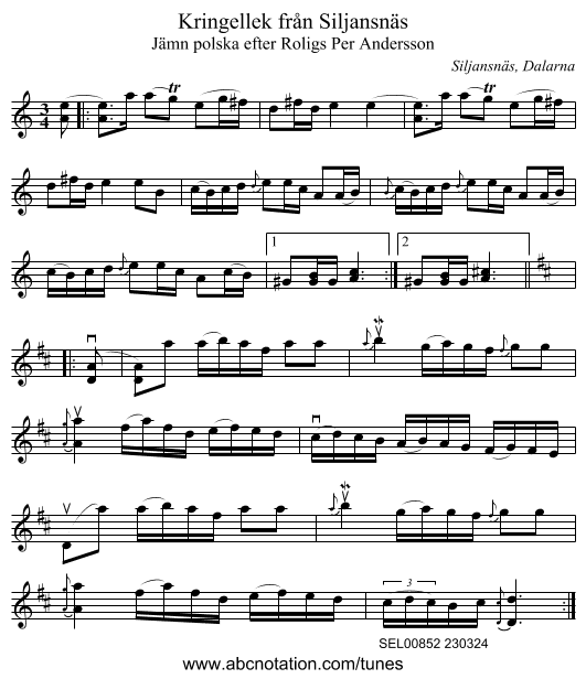 Kringellek från Siljansnäs - staff notation