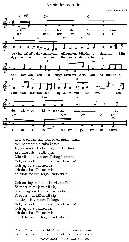 Kristallen den fina - staff notation