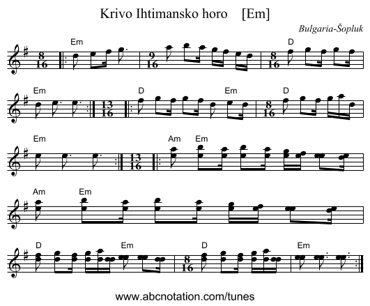 Krivo Ihtimansko horo    [Em] - staff notation