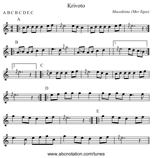 Krivoto - staff notation