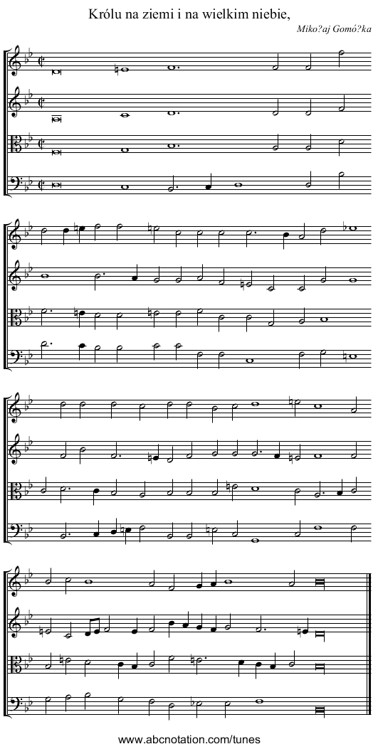 Królu na ziemi i na wielkim niebie, - staff notation