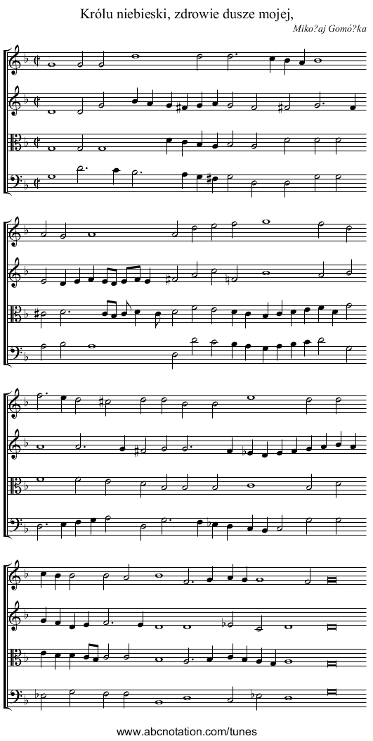 Królu niebieski, zdrowie dusze mojej, - staff notation