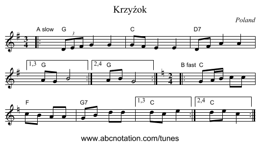 Krzyźok - staff notation
