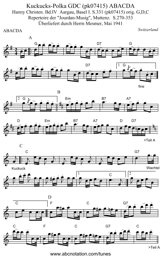 Kuckucks-Polka GDC (pk07415) ABACDA - staff notation