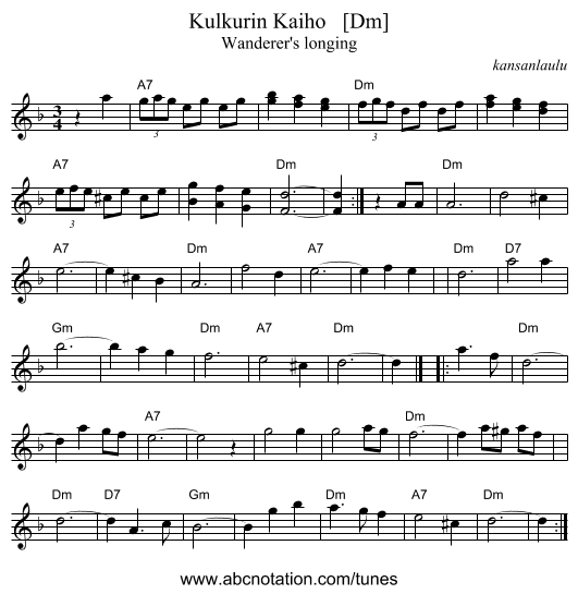 Kulkurin Kaiho   [Dm] - staff notation