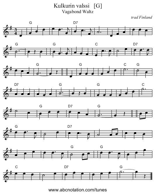 Kulkurin valssi   [G] - staff notation