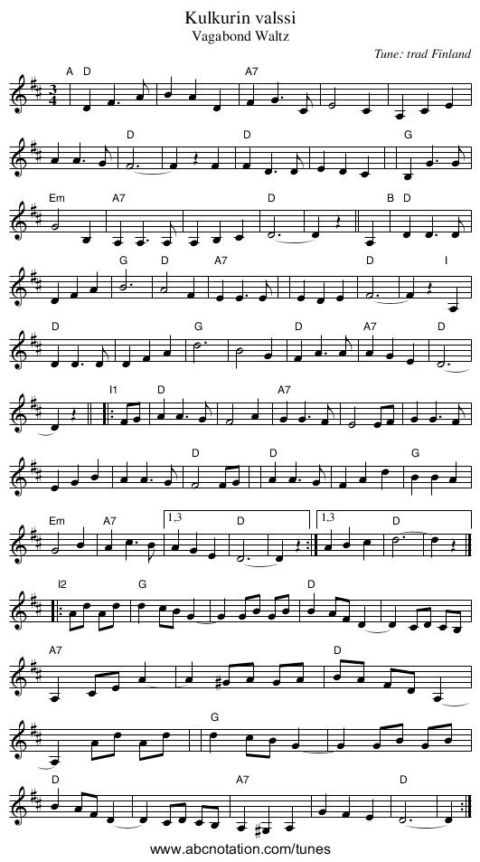 Kulkurin valssi - staff notation