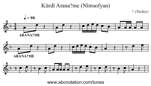 Kürdî Arana?me (Nîmsofyan) - staff notation