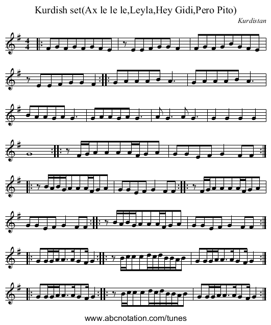 Kurdish set(Ax le le le,Leyla,Hey Gidi,Pero Pito) - staff notation
