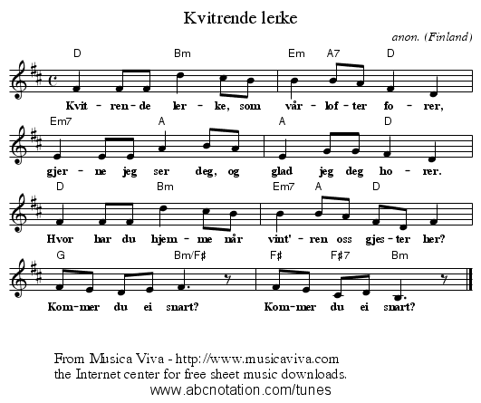 Kvitrende lerke - staff notation
