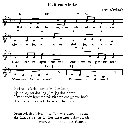 Kvitrende lerke - staff notation