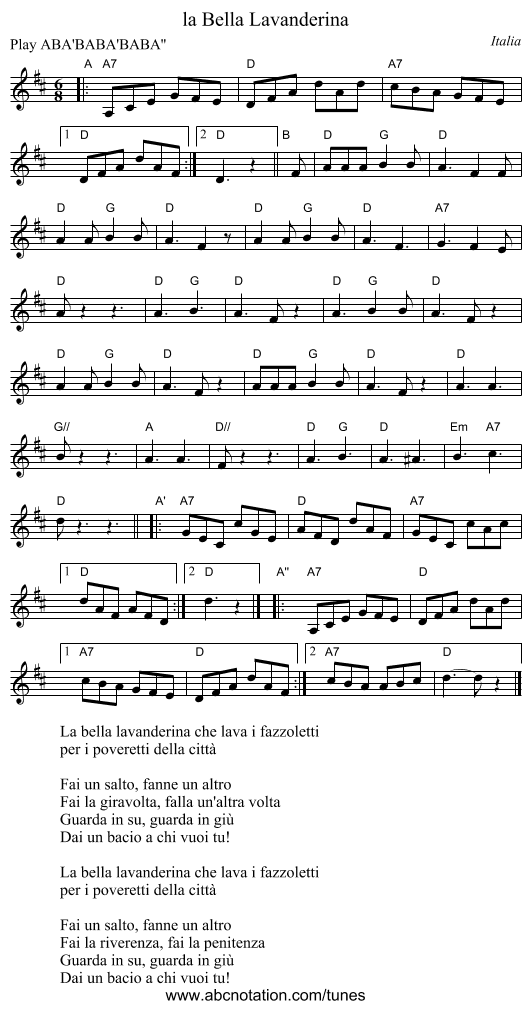 la Bella Lavanderina - staff notation