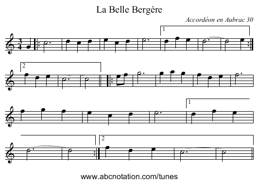 La Belle Bergère - staff notation