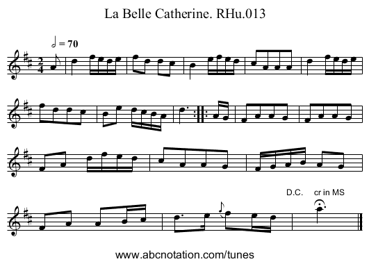 La Belle Catherine. RHu.013 - staff notation