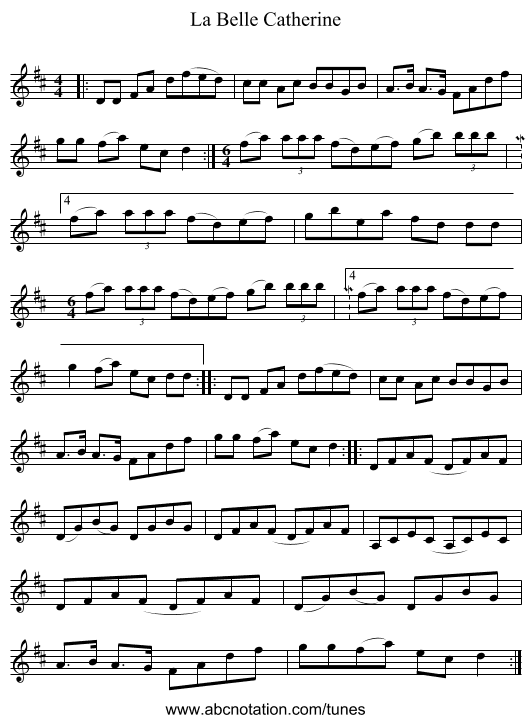 La Belle Catherine - staff notation