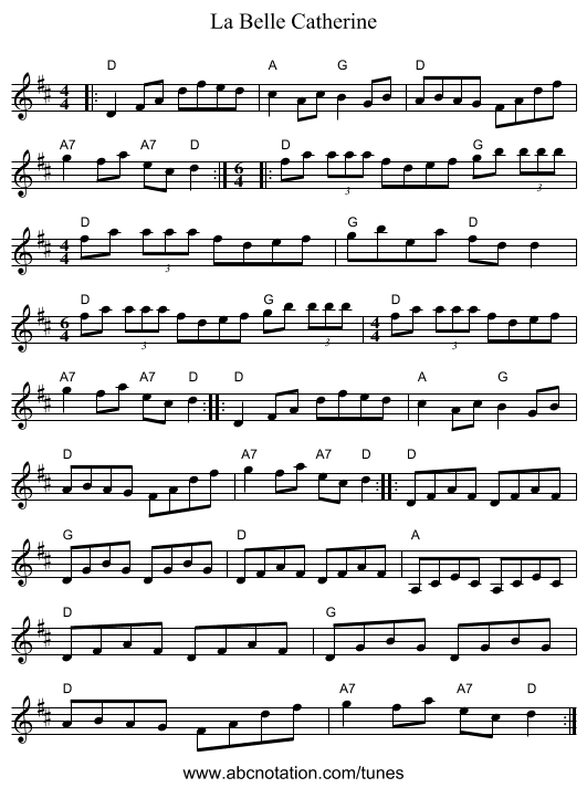 La Belle Catherine - staff notation